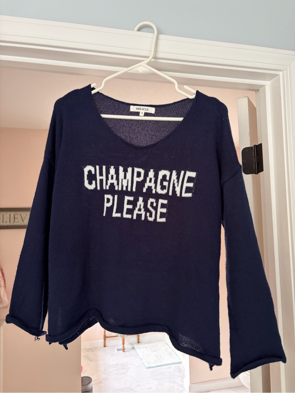 Miracle Navy Sweater with White 'CHAMPAGNE PLEASE' Text